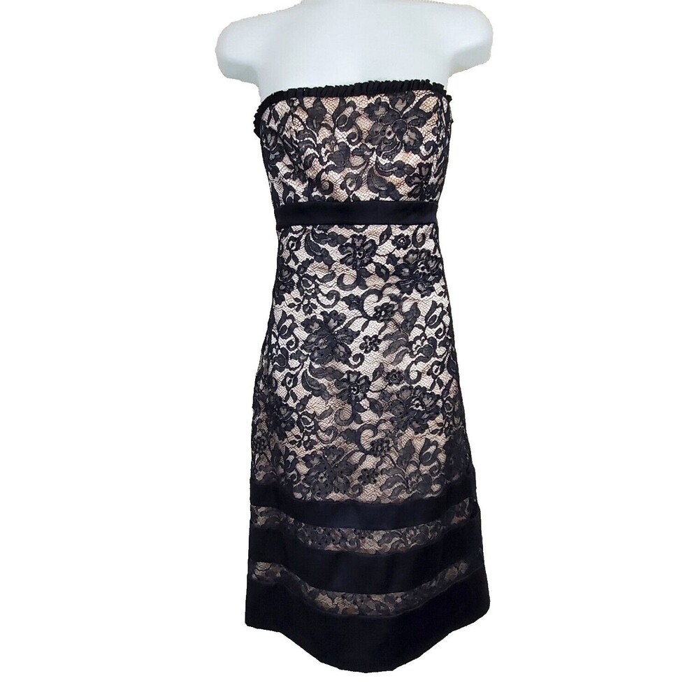 Badgley Mischka Dress 2 Silk Scarf Nude Black Lace Overlay Cocktail Ruffle